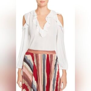 Alice + Olivia White Ruffle Cold Shoulder Blouse